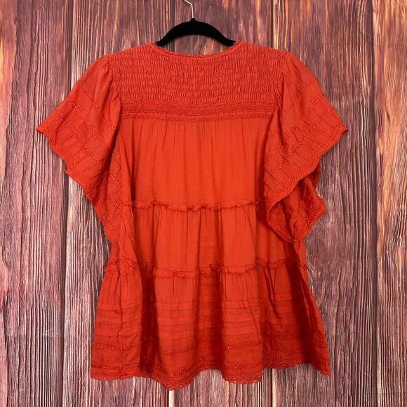 Sundance Top Womens Size Small Orange Antonia Tiered Smocked V Neck Short Sleeve - Picture 5 of 7
